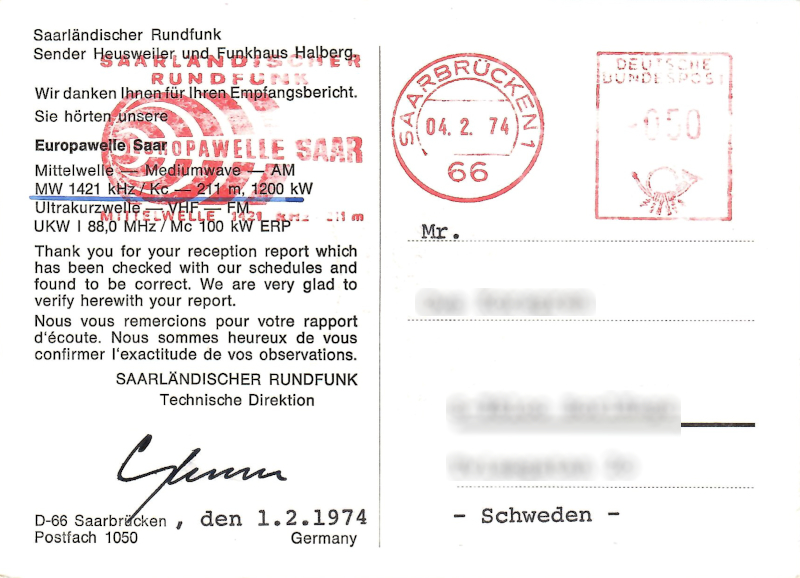 Saarlandischer  Rundfunk, West Germany 1974