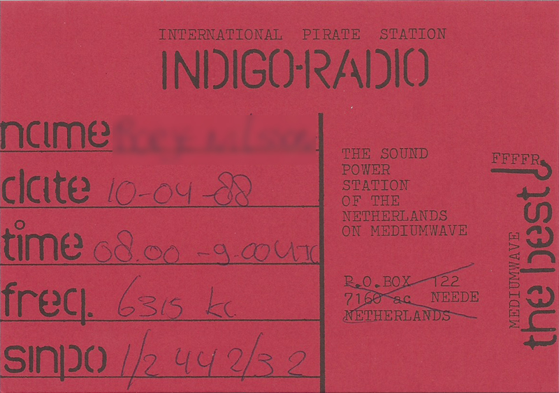 pirate station Indigo Radio, Netherlands 1988