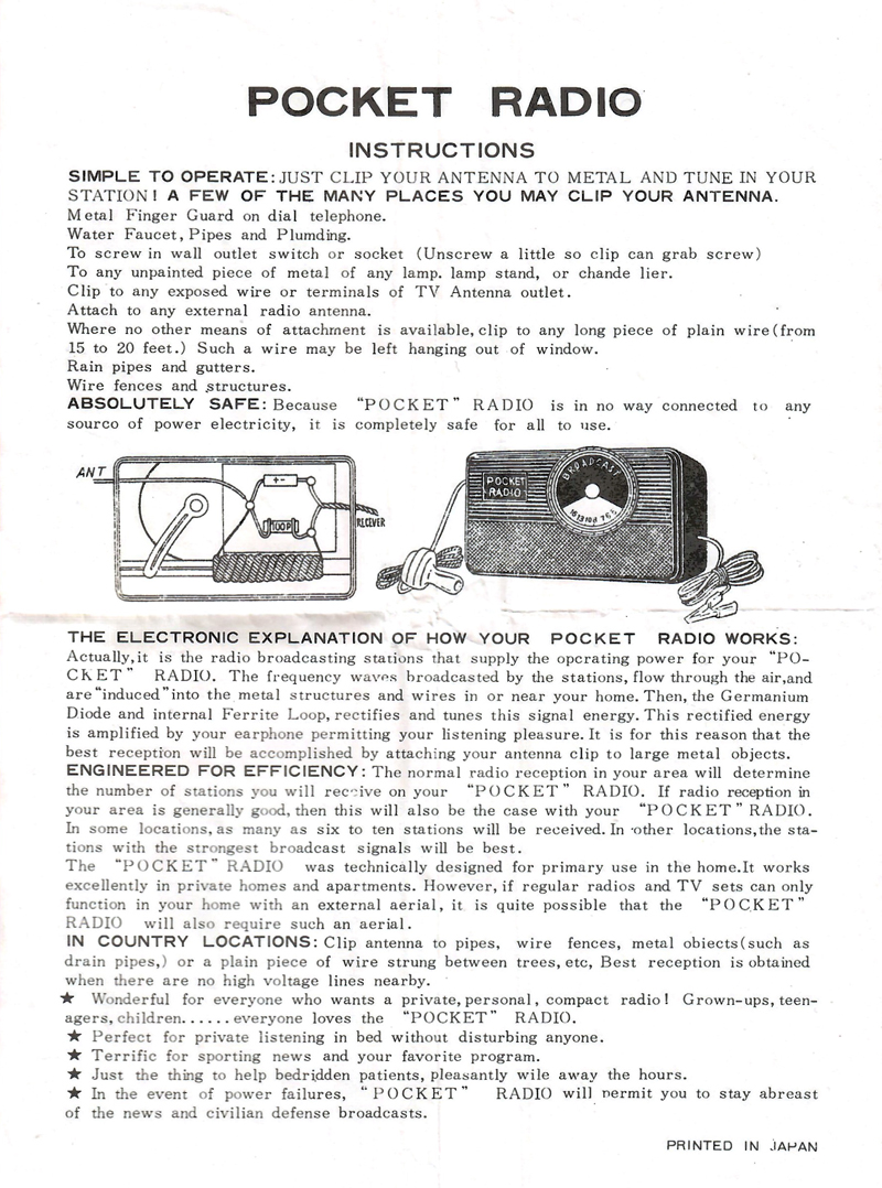 Arrow Germanium diode radio instruction page