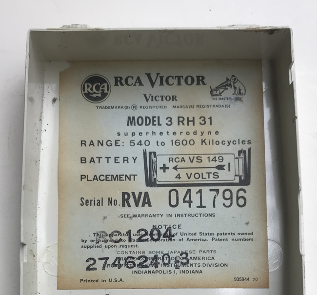 RCA Victor 3 RH 31 inside back