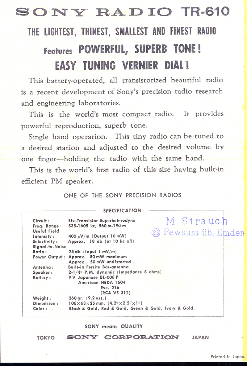 Sony TR-610 brochure