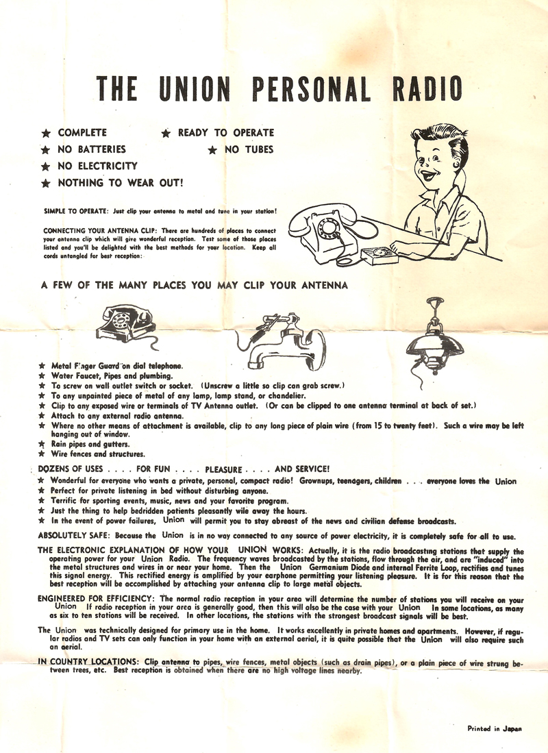 Union GR-84 Germanium diode radio instruction page