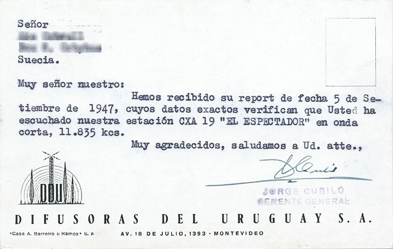 Radio El Espectador, station CXA19, Uruguay 1947