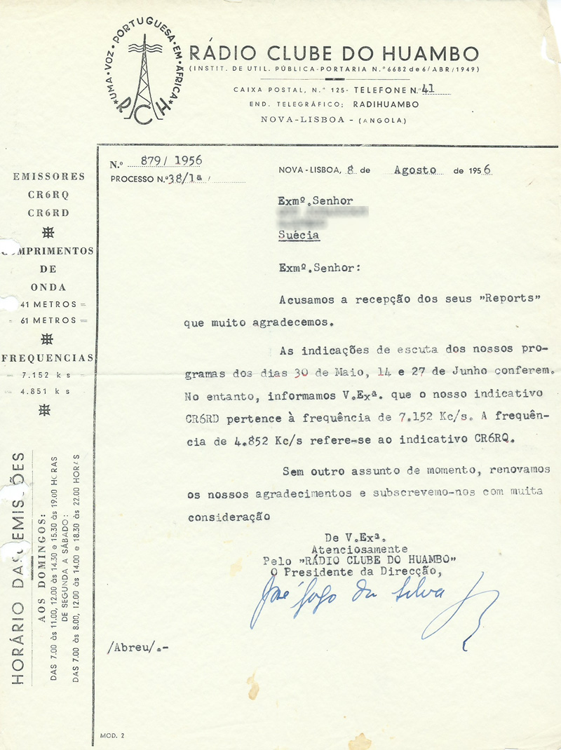 CR6RD, Radio Clube Do Huambo, Angola 1956